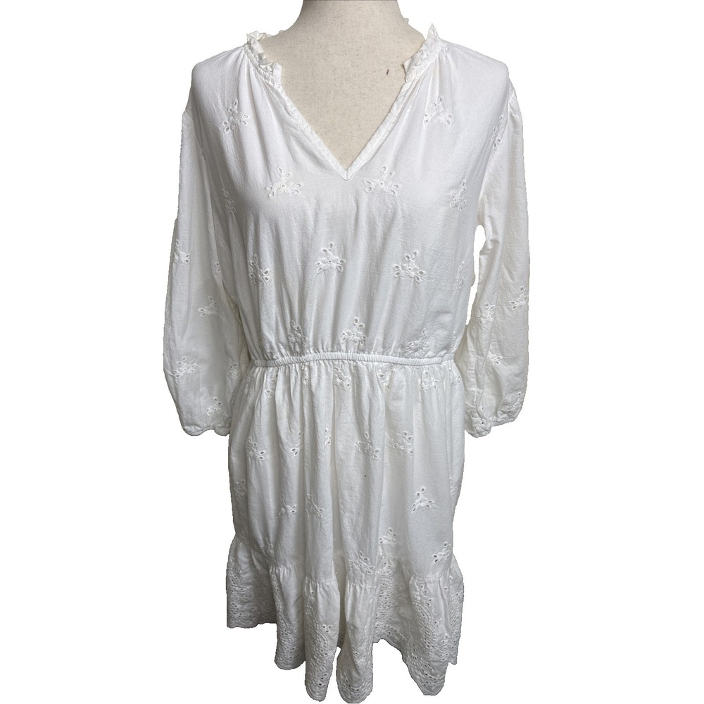 Knox Rose Eyelet Tiered Dress Womens Large White Boho Peasant Scalloped Hem